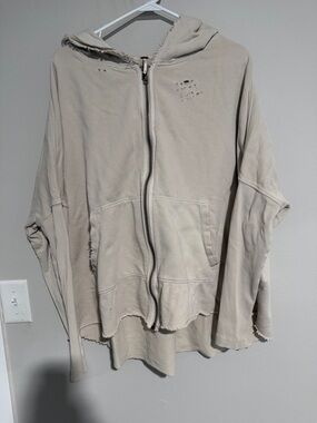Free People Distressed Hooded Zip-Up Jacket in Light Beige